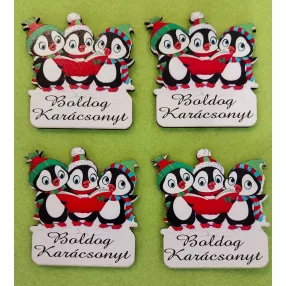   Nyomtatott  fa Éneklő pingvinek Boldog Karácsonyt felirattal	4db/csomag	6,5x6,5cm 
