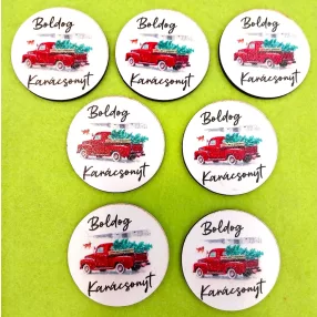   Nyomtatott  fa Körlap piros autós    Boldog Karácsonyt felirattal 	7db/csomag	5cm 