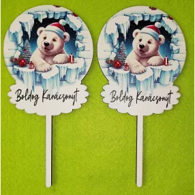   Nyomtatott  fa    beszúrós  dísz Jeges macis  Boldog Karácsonyt felirattal 	2db/csomag	8x15cm 