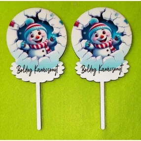   Nyomtatott  fa   beszúrós  dísz Hóemberes  Boldog Karácsonyt felirattal 	2db/csomag	8x15cm 