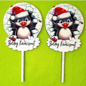   Nyomtatott  fa  beszúrós  dísz Pingvin  Boldog Karácsonyt felirattal 	2db/csomag	8x15cm 