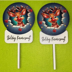   Nyomtatott  fa  beszúrós  dísz Rudolf  Boldog Karácsonyt felirattal 	2db/csomag	8x15cm 