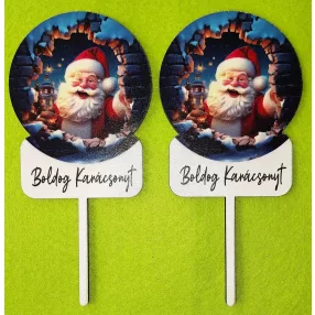   Nyomtatott  fa   beszúrós  dísz Télapós  Boldog Karácsonyt felirattal 	2db/csomag	8x15cm 