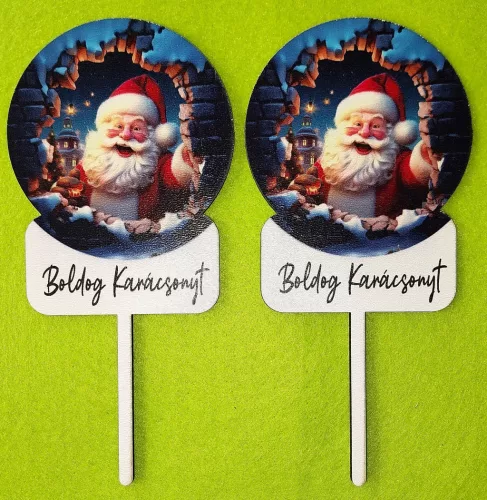 Nyomtatott  fa   beszúrós  dísz Télapós  Boldog Karácsonyt felirattal 	2db/csomag	8x15cm 