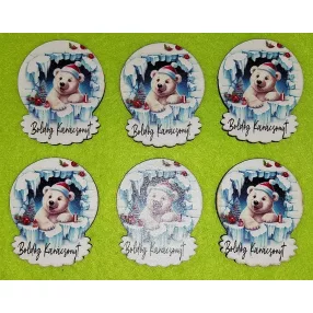   Nyomtatott  fa   Jeges macis   Boldog Karácsonyt felirattal 	6db/csomag	4,5x5,5cm 