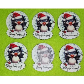   Nyomtatott  fa   Pingvines  Boldog Karácsonyt felirattal 	6db/csomag	4,5x5,5cm 