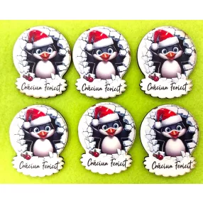   Nyomtatott  fa   Pingvines Craciun Fericit   felirattal 	6db/csomag	4,5x5,5cm 