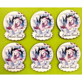   Nyomtatott  fa   Jeges macis  Craciun Fericit   felirattal 	6db/csomag	4,5x5,5cm 