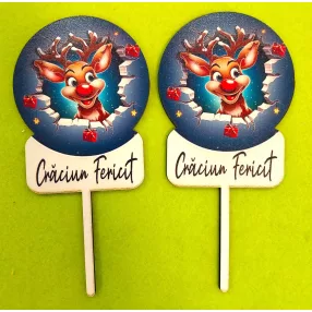   Nyomtatott  fa   beszúrós dísz Rudolf Craciun Fericit  felirattal 	2db/csomag	8x15cm 