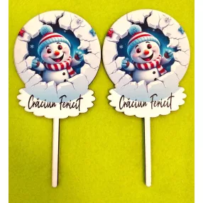   Nyomtatott  fa  beszúrós dísz Hóemberes  Craciun Fericit  felirattal 	2db/csomag	8x15cm 