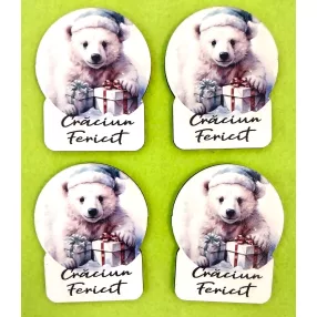   Nyomtatott  fa Jeges macis Tábla Craciun Fericit felirattal 	4db/csomag	5x6cm 