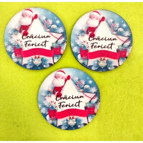   Nyomtatott  fa Kerek tábla Télapó csillaggal  Craciun Fericit   felirattal 	4db/csomag	6cm 