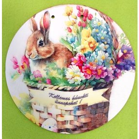   20 cm Nyomtatott Fa Kerek kopogtató Nyuszi kosárban Kellemes húsvéti ünnepeket  felirattal 	1db