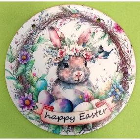   Nyomtatott Fa Kerek kopogtató Nyuszi tojásokkal Happy easter  felirattal 	1db/csomag	20cm 