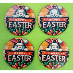   Nyomtatott Fa Kör  Deszkás hátteres Happy easter felirattal     	4db/csomag	6cm 