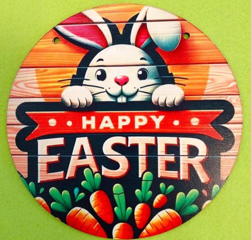 Nyomtatott Fa Kopogtató alap Kör  Deszkás hátteres Happy easter felirattal     	1db/csomag	19cm 