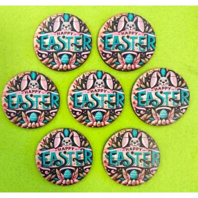   Nyomtatott Fa Kerek deszka hatású nyuszi tojásokkal   Happy easter felirattal     	7db/csomag	5cm 