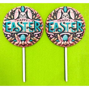   Nyomtatott Fa beszúrós dísz  deszka hatású nyuszi tojásokkal   Happy easter felirattal     	2db/csomag	8,5x16cm 