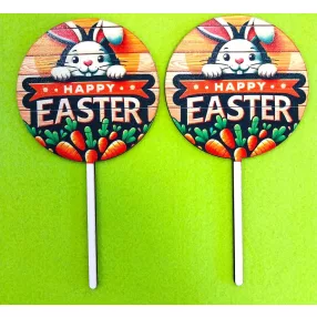   Nyomtatott Fa beszúrós dísz  Deszkás hátteres Happy easter felirattal     	2db/csomag	8,5x16cm 