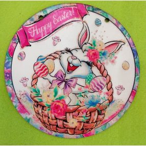   Nyomtatott Fa Ajtódísz nyuszi kosárban  Happy easter felirattal     	1db/csomag	15cm 