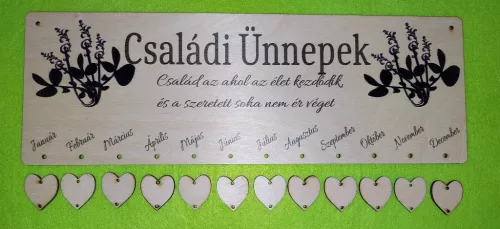 Nyomtatott ,fa alapú HDF(nem tömörfa)    Virágos  Naptár tábla Családi ünnepek felirattal 12db táblával 	1szett	35x12cm 