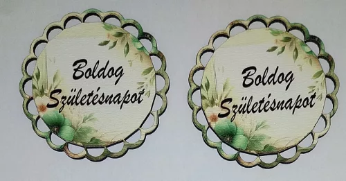  Nyomtatott fa alapú HDF(nem tömörfa) Zöld virágos kerek csipkés tábla Boldog születésnapot   felirattal	2db/csomag	7cm 