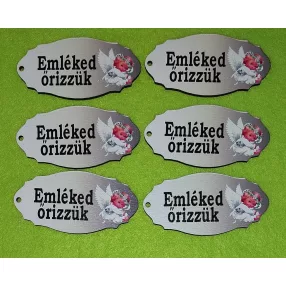    Nyomtatott fa Ovális  tábla fehér szürke háttérrel  angyalkával  Emléked Őrizzük felirattal	6db/csomag	8x4cm 