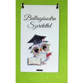    Lapra szerelt Nyomtatott fa  Ballagási pénzátadó doboz baglyos Ballagásodra Szeretettel felirattal	1 szett	10x18cm magasság 1,5cm  