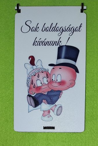  Nyomtatott fa   Esküvői pénzátadó doboz bébi párral   Sok boldogságot kÍvánunk felirattal	1szett	10x18cm magasság 1,5cm  