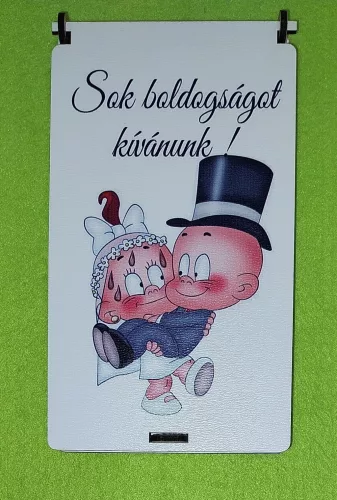  Nyomtatott ,fa alapú HDF(nem tömörfa)     Esküvői pénzátadó doboz bébi párral   Sok boldogságot kÍvánunk felirattal	1szett	10x18cm magasság 1,5cm  