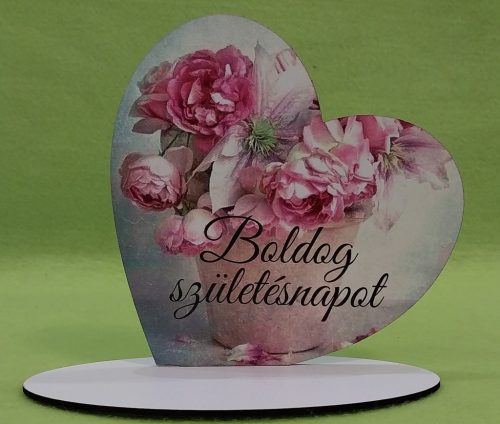 Nyomtatott fa  Talpas szív Boldog  születésnapot Rózsaszín cserepes	1 szett	15x15cm, talp 17,5x10