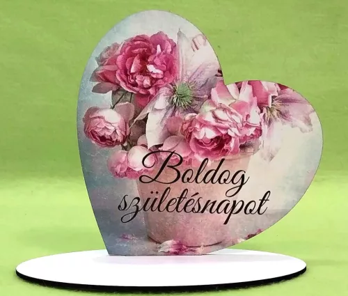Nyomtatott fa alapú HDF(nem tömörfa)  Talpas szív Boldog  születésnapot Rózsaszín cserepes	1 szett	15x15cm, talp 17,5x10