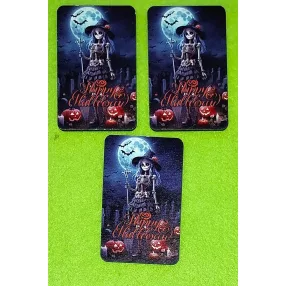   Nyomtatott Fa Tarot kártya csontváz kis lánnyal Happy halloween felirattal 	3db/csomag	8,5x5,5cm 