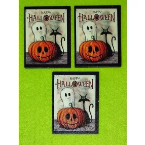   Nyomtatott Fa Fekete Macska ,szellem és tök Happy Halloween  felirattal	3db/csomag	8x6 cm 