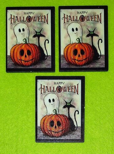 Nyomtatott Fa Fekete Macska ,szellem és tök Happy Halloween  felirattal	3db/csomag	8x6 cm 