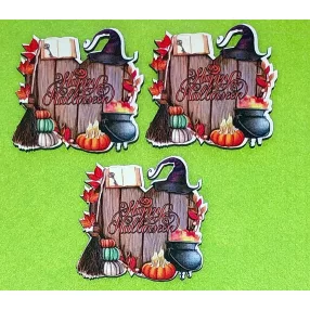   Nyomtatott Fa Barna deszkás szív Happy Halloween felirattal.	3db/csomag	6,5x6,5 cm 