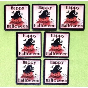   Nyomtatott Fa Négyzet Happy Halloween felirattal	7db/csomag	5 cm 