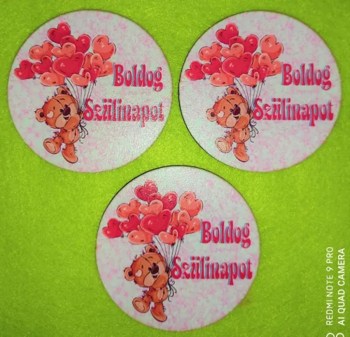 Nyomtatott fa alapú HDF(nem tömörfa) Kerek tábla , Macis lufival  Boldog születésnapot	3db/csomag	 8 cm 	