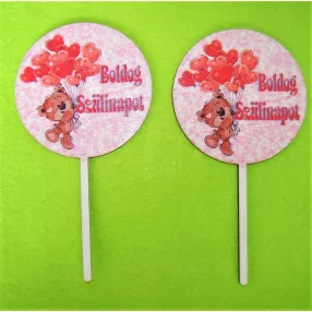   Nyomtatott ,fa alapú HDF(nem tömörfa)     beszúrós dísz Macis lufival  Boldog születésnapot	2db/csomag	 8,5x16 cm