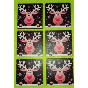   5x5cm négyzet   Nyomtatott Ablakon benéző Rudolf fekete  hópihés  háttérrel 	6db/csomag